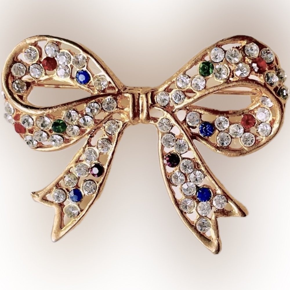 Vintage Jewel Tone & Clear Rhinestone Gold Metal Bow Brooch